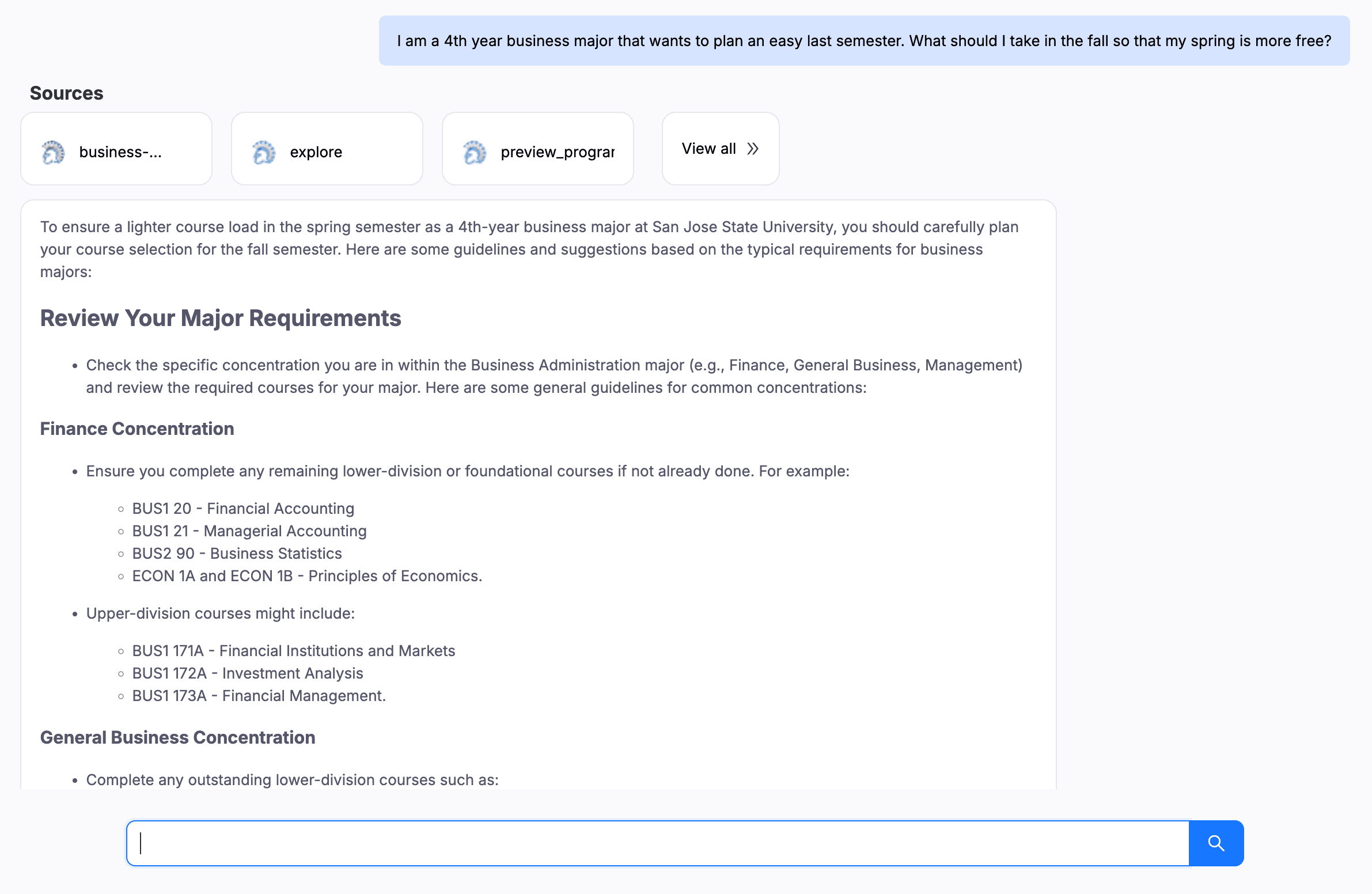 AI chatbot answering a specific search query about degree requirements